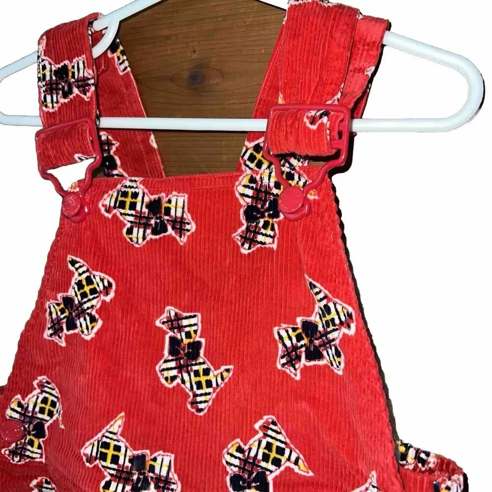 Vintage Happy Kids Red Corduroy Dog Print Overalls Child Size 4T